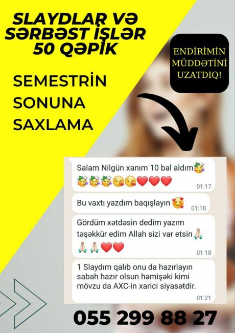 Tələbələrin diqqətinə❗ SƏRBƏST İŞ, SLAYD, REFERAT, KURS İŞİ, DİPLOM, DİSSERTASİYA İŞİ və s. ENDİRİM etdik❗
