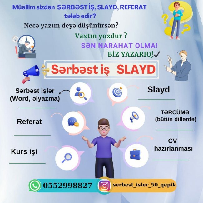 Tələbələrin diqqətinə❗ SƏRBƏST İŞ, SLAYD, REFERAT, KURS İŞİ, DİPLOM, DİSSERTASİYA İŞİ və s. ENDİRİM etdik❗