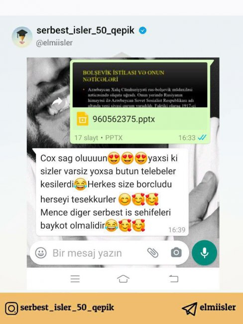Tələbələrin diqqətinə❗ SƏRBƏST İŞ, SLAYD, REFERAT, KURS İŞİ, DİPLOM, DİSSERTASİYA İŞİ və s. ENDİRİM etdik❗